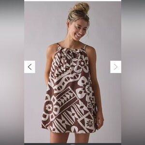 UO BDG Eva Tie-Front Ruched Strap Trapeze Mini Dress in Brown Multi